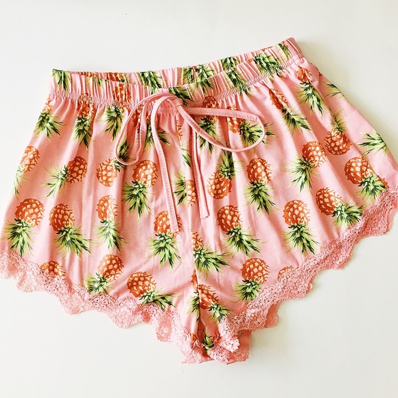 Pants - Pink Pineapple Lace Drawstring Shorts